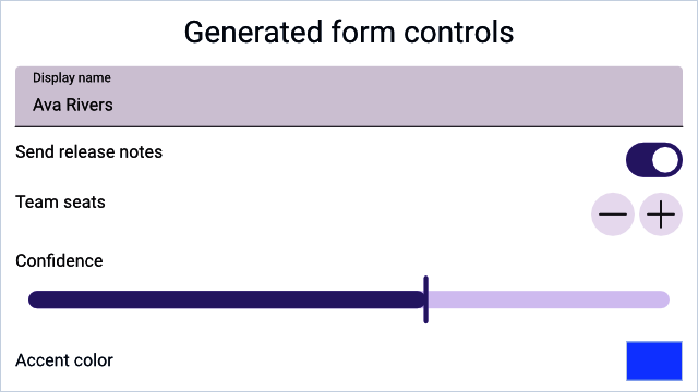 WaterUI form preview with field toggle stepper slider and accent color swatch